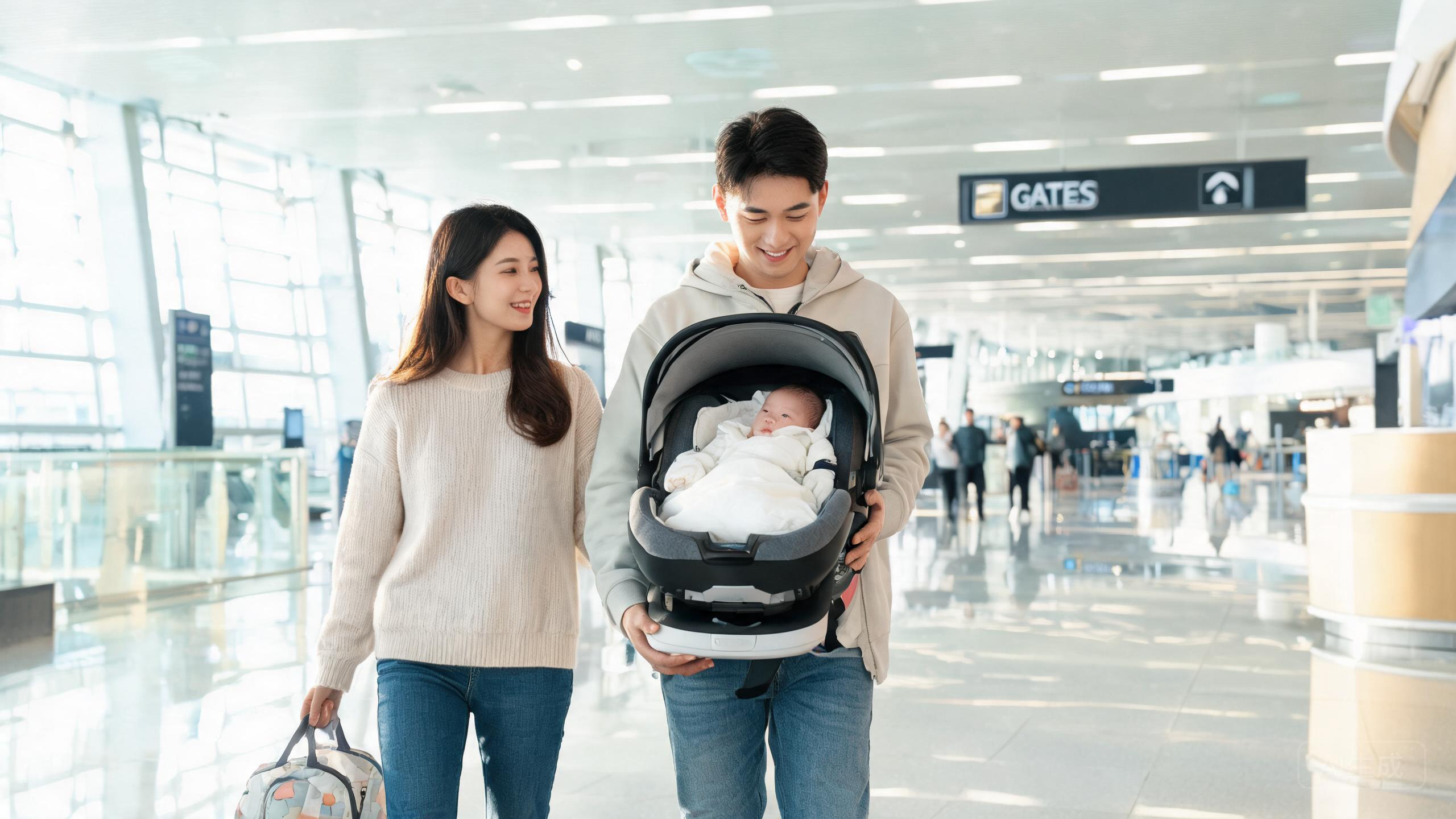 准父母带着通過代孕出生的宝宝在機場准备迴家，跨境代孕旅程圓满结束