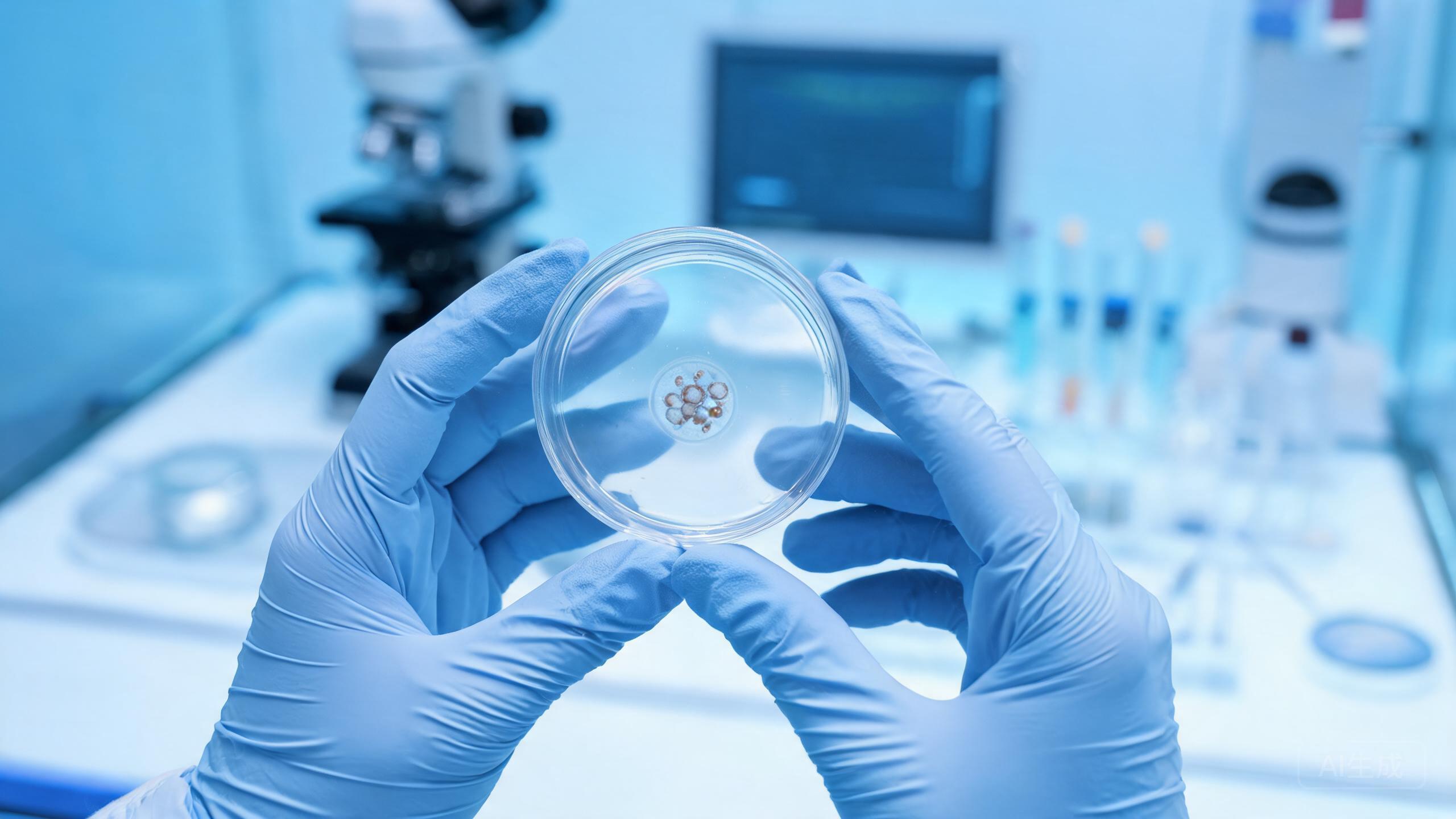 胚胎学家手持培养皿，展示培养中的胚胎，体现先进的生殖科学技術