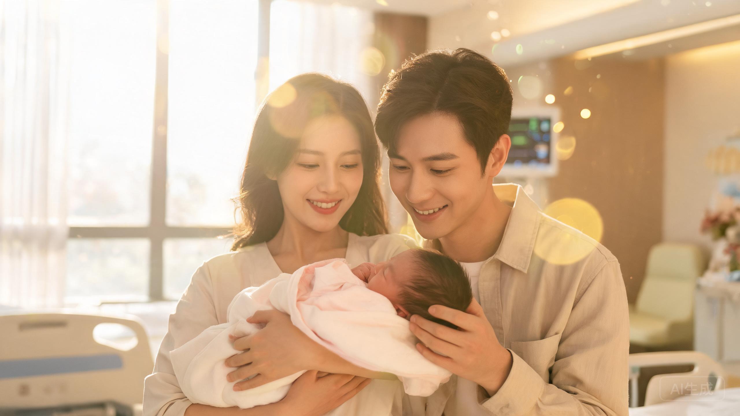 幸福的准父母夫妇抱着新生婴兒，脸上洋溢着幸福的笑容