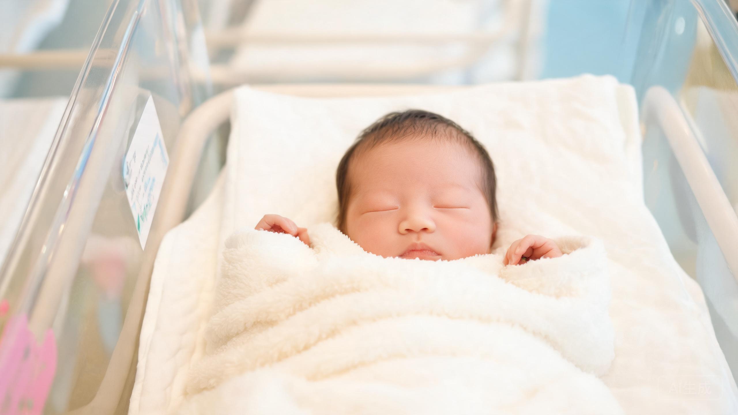 新生婴兒安睡在医院婴兒床中，安详可爱，象徵代孕旅程圓满结束新生命降临