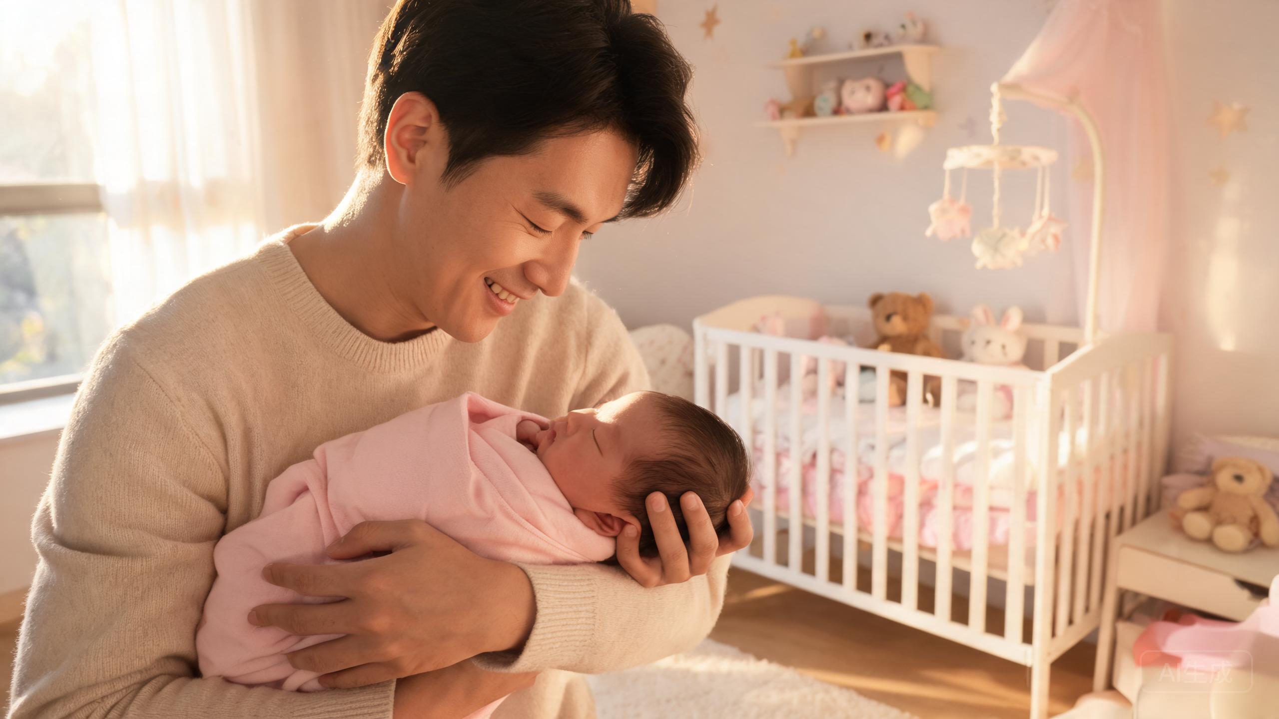 单身爸爸温柔地抱着新生婴兒，脸上洋溢着幸福的笑容